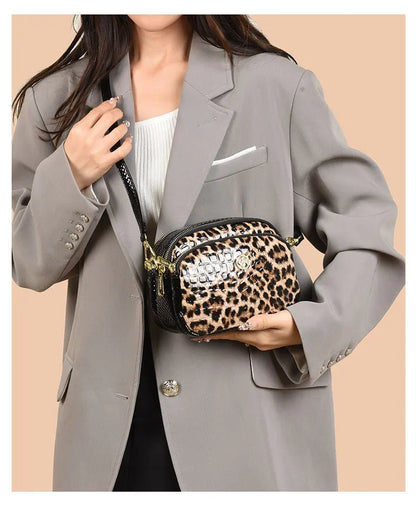 New 2025 Womens Small Messenger Bag PU Leather Shiny Shoulder Bag Fashion Saddle Bags Leopard Print Phone Purse Lipstick Storage