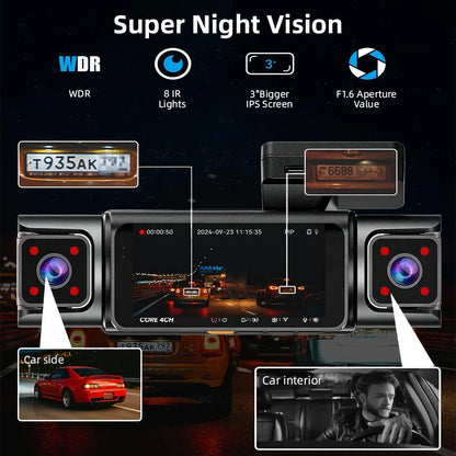 4 Channel GPS WIFI Car Dash Cam 360 Panoramic 8 IR Night Vision Lights 24H Parking Front 4K Inside/Rear/Left 1K Video Recorder