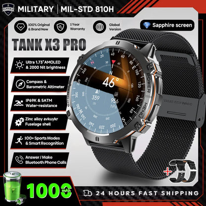 2026 New Military TANK X3 1000mAh Battery Smart Watch Men 10ATM Waterproof Swim GPS Path 1.75" AMOLED HD Call Sports Smartwatch