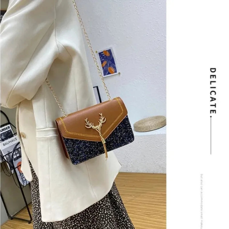 Fashion Women Shoulder Bag Deer Head Decoration Messenger Bags PU Leather Button Underarm Luxury Chain Lady Small Square Handbag