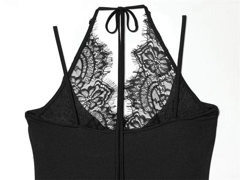 Women's Bodysuit 2026 New Fashion Summer Black Spliced Lace Bodysuit for Women Elegant Chic Personality Spaghetti Strap Bodysuit