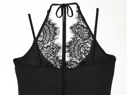 Women's Bodysuit 2026 New Fashion Summer Black Spliced Lace Bodysuit for Women Elegant Chic Personality Spaghetti Strap Bodysuit
