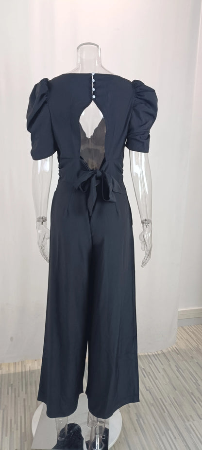Summer Women's Slim Short Puff Sleeve V-neck Wide Leg Long Jumpsuit Elegant High Waist Ruched  Pocketed Solid color jumpsuits