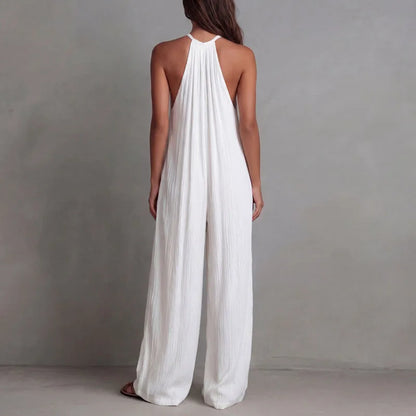 Women's Halter Sleeveless Jumpsuit New Beach Vacation Textured Overalls with Pockets Wide Leg Romper Casual Spring Summer Outfit