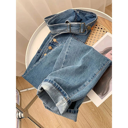 Women Denim Overalls Vintage Streetwear Loose Jumpsuit Korean Straight Wide Leg Pants Casual Jeans All Match Trousers