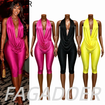 FAGADOER Sexy Deep V Draped Halter Rompers Fashion Patchwork Back Lace‑Up Hollow Out Bodycon Jumpsuits Night Club Playsuits New