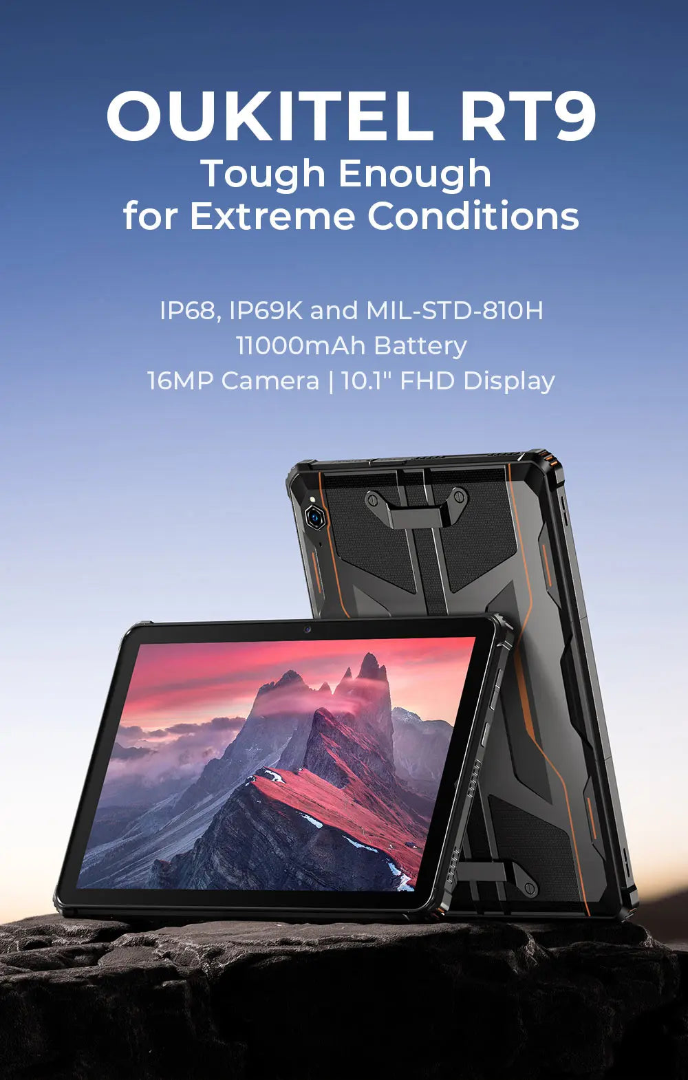 OUKITEL RT9 Rugged Tablet - 10.1" HD Display, 24(6+18)GB+256GB, IP68 IP69K Waterproof, 11000mAh Battery Android 14 Tablet PC