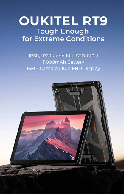 OUKITEL RT9 Rugged Tablet - 10.1" HD Display, 24(6+18)GB+256GB, IP68 IP69K Waterproof, 11000mAh Battery Android 14 Tablet PC