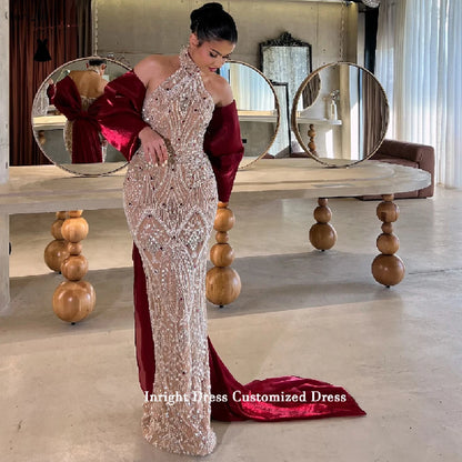 Inright Customized Sparkling Crystal-Embellished Halter-Neck Sheath Evening Dresses Burgundy Cape Train and Bow Back Train
