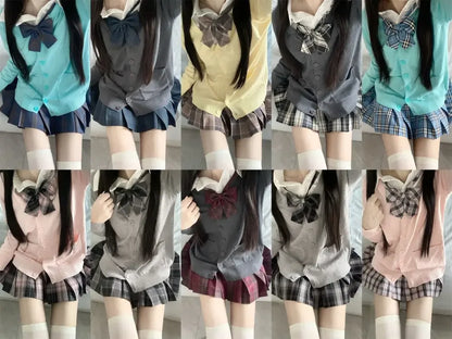 3Pc Set Japanese Korean School Uniforms Multicolor Sweater&Plaid Pleat Skirt with Bow Jk Uniform Suit Graduation Costumes Women