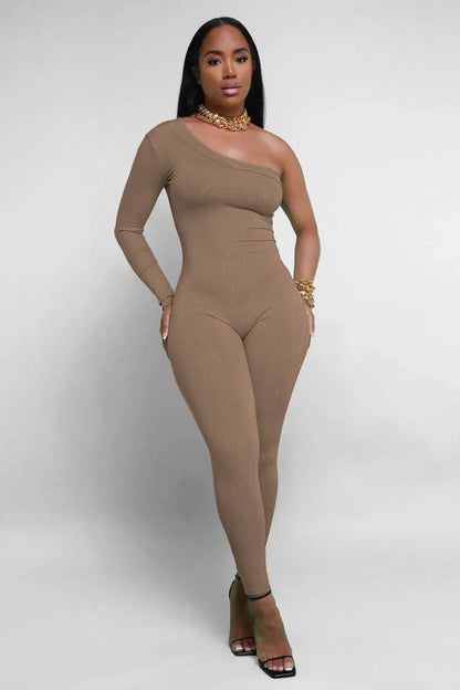 Fashion Knit Ribbed Women One Shoulder Long Sleeve Yoga Sport Sexy Jumpsuit Streetwear Playsuit One Piece Suit Romper Outfit