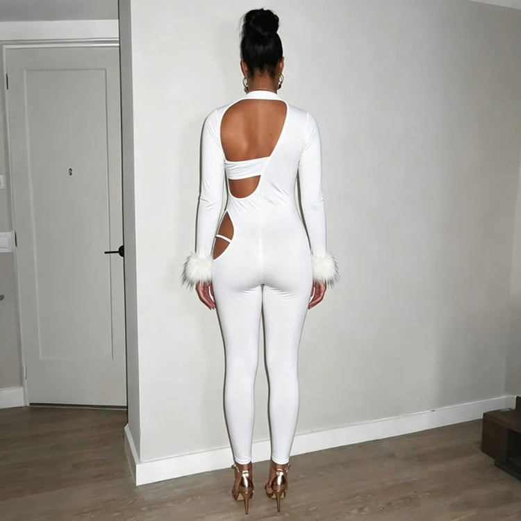 FLARORA Sexy Hollow Out Jumpsuits Woman Faux Fur Patchwork Skew Neck Full Sleeve Backless Skinny Peach Hip Party Club Overalls