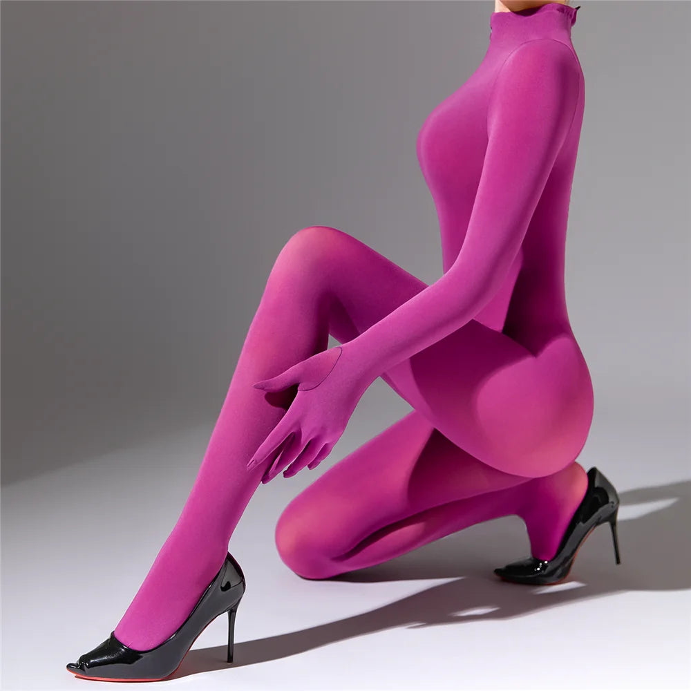Plus Size Sexy Women 120D Five Finger Glove Sleeve Bodysuit Seamless Tight Warm High Elastic Shaping Cosplay Unisex Fit Jumpsuit