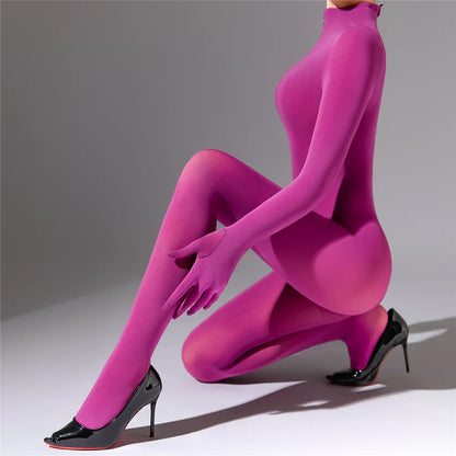 Plus Size Sexy Women 120D Five Finger Glove Sleeve Bodysuit Seamless Tight Warm High Elastic Shaping Cosplay Unisex Fit Jumpsuit