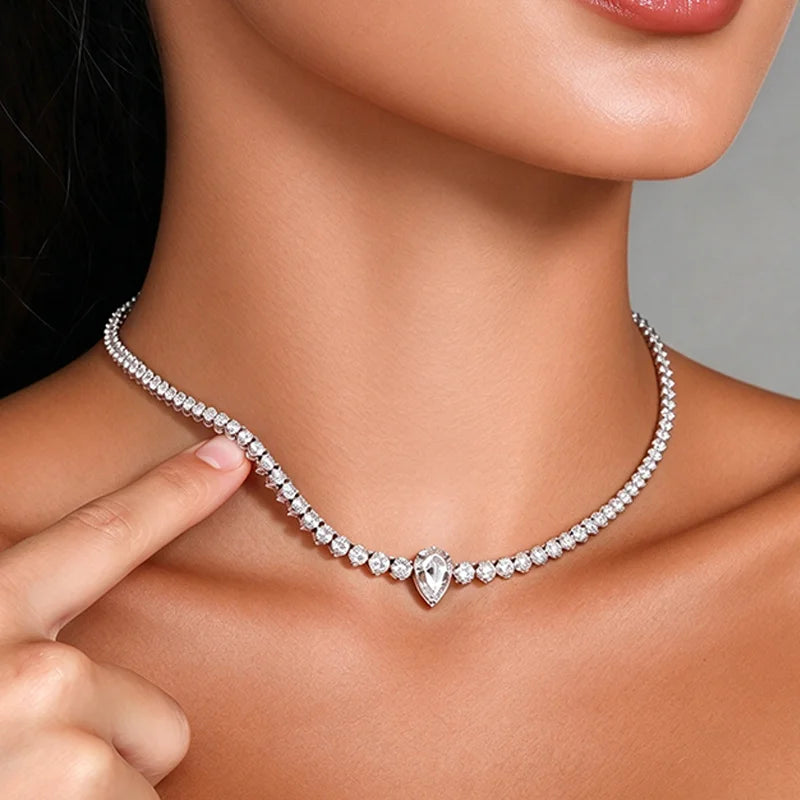 Smyoue Water Drop Moissanite Tennis Necklace for Women Female Choker Chain Gradient Round Stone Real S925 Silver Full Diamond