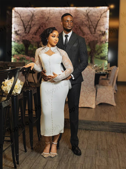 Elegant Africa Wedding Dresses for Bride Long Sleeves Midi Length Courthouse Civil Bridal Gowns Laca Sheath Dress Customized