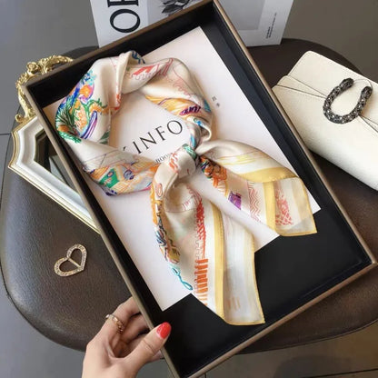 100% Mulberry Silk Square Scarf Horse Print Headscarf Bandana Neckerchief Neck Wrap Bag Accessory Fashion Foulard for Women