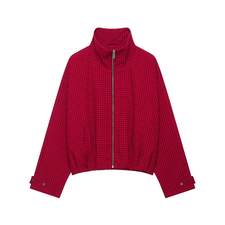 Autumn Fashion Plaid Bomber Jacket Women's Jacket Crop Oversized Long Sleeve Top Casual Zipper Outerwears Outdoor Coats