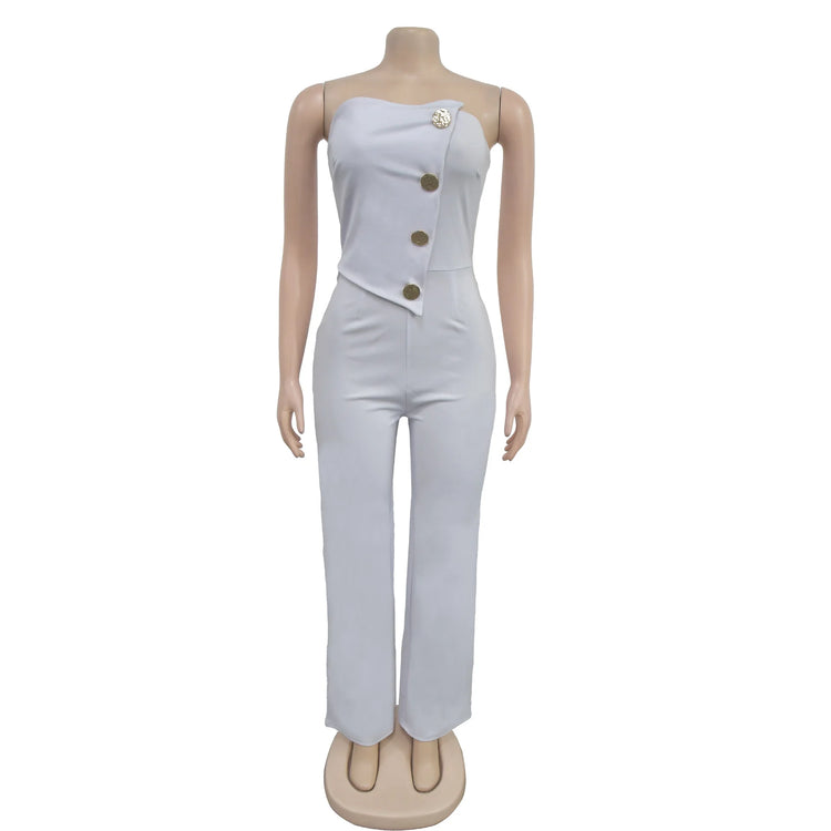 HBLL Women's Elegant Button Strapless Sleeveless Irregular Jumpsuits One Piece Metal Button Decor Overalls Outfit Night Clubwear