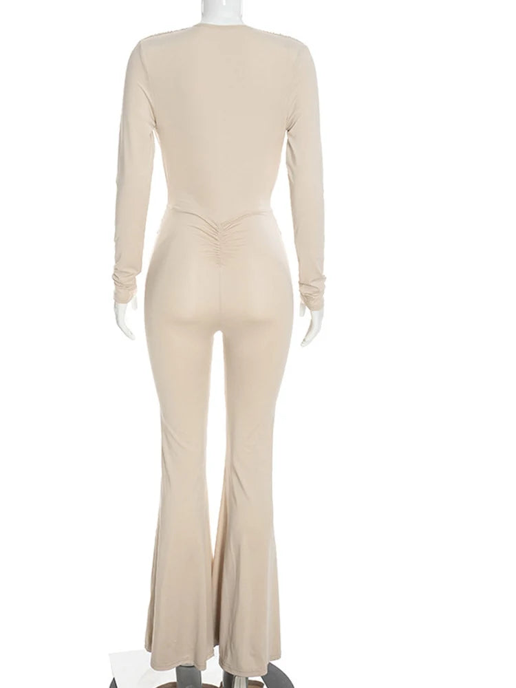 Beyprern Autumn Solid Long Sleeve Plunging Neck Rompers Women Elegant Drape Slim Flared Jumpsuits High Waist Bodysuits Overalls