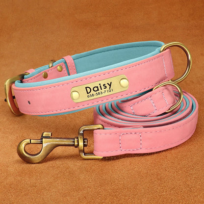 Personalized Dog Collar Leash PU Leather Dogs Collars Pet Rope Engraved Pet ID Name Necklace for Small Large Dogs Soft Padded