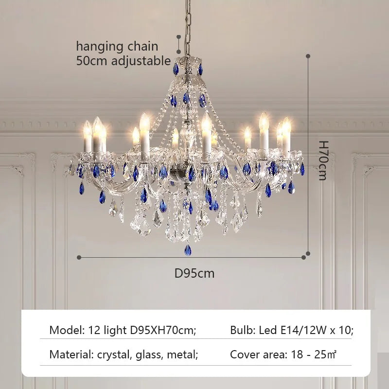 French Blue Romantic Crysatl Chandeliers Light Luxury Glass Living Room Art Decor Candle Pendant Lights Lighting Bedroom Lamps