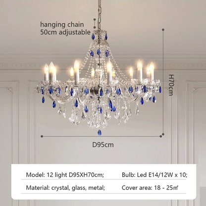 French Blue Romantic Crysatl Chandeliers Light Luxury Glass Living Room Art Decor Candle Pendant Lights Lighting Bedroom Lamps