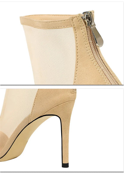 Eilyken 2026 New Spring Autumn Sexy Mesh High Heels Runway Ankle Boots For Women Pointed Toe Ladies Party Zipper Shoes