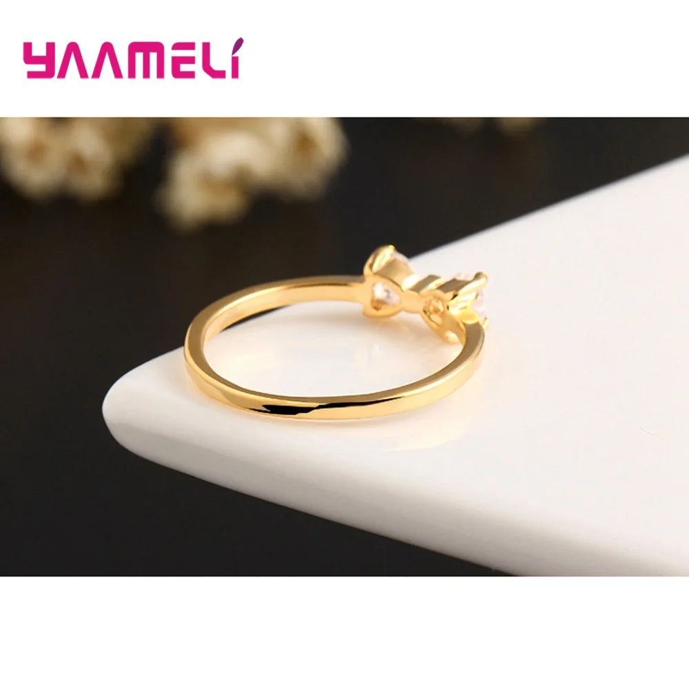 Luxury Austria Crystal Fashion 925 Sterling Silver Gold Color Bow Rings For Women Wedding Engagement Cubic Zirconia Jewelry