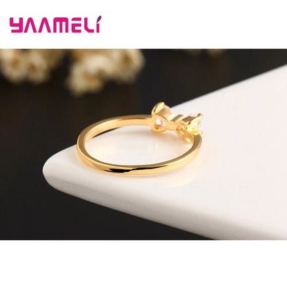 Luxury Austria Crystal Fashion 925 Sterling Silver Gold Color Bow Rings For Women Wedding Engagement Cubic Zirconia Jewelry