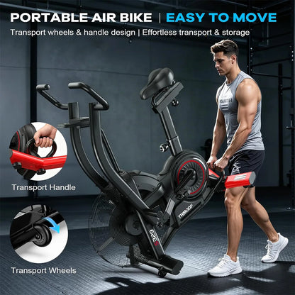 Pooboo Air Resistance Fan Exercise Bike, Upright Stationary Indoor Cycling Bike with Bluetooth Connection, Dual Action Handlebars and Dual-Layer Transmission System for Home Gym Cardio Training