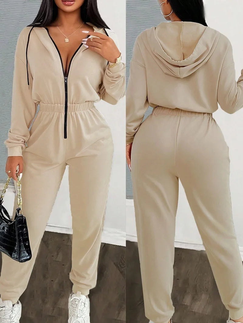 2024 Autumn And Winter New Women's Fashion Solid Color Drawstring Zipper Hooded Jumpsuit Casual Matching
