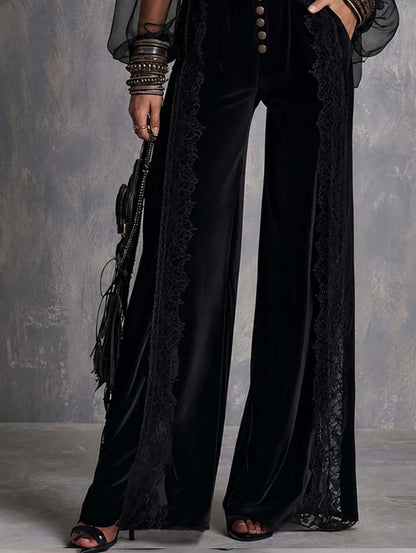 Women's Velvet Mesh Sheer Jumpsuit Gothic Sexy Deep V Neck Lace Trim Puff Sleeve High Waist Slim Straight Vintage Elegant Romper