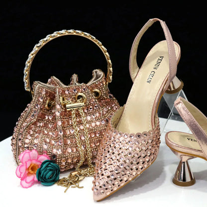 Elegant Multicolor Rhinestone Slingback Heels & Bucket Bag Set Luxury Crystal Matching Kit for Wedding Party Evening Bridal Form
