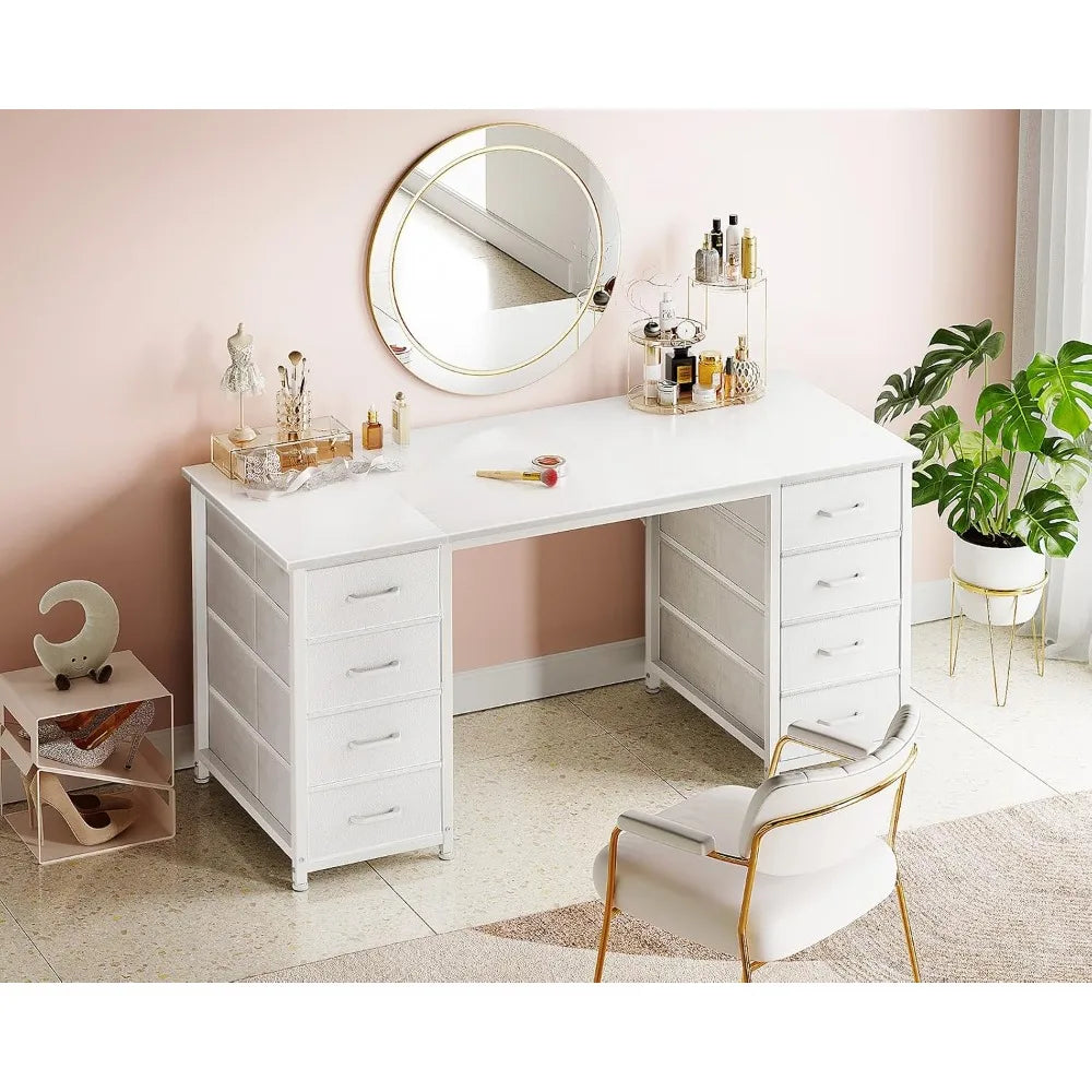 48 Inch White Computer Desk with 8 Fabric Drawers, Modern Office Desk for Home Office Study Gaming
