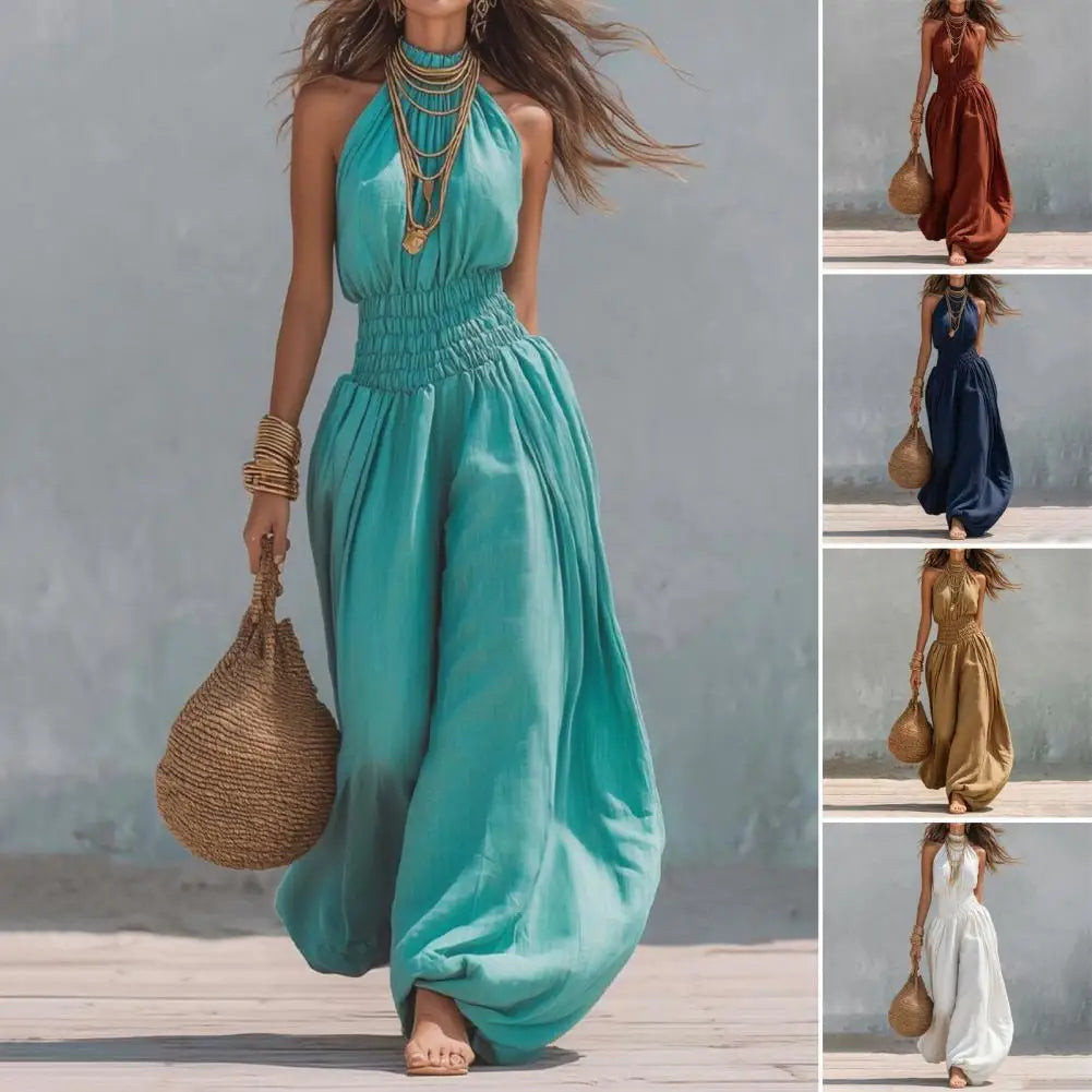 Smocked Waist Lantern Pants Women Rompers Summer Romper Halter Neck Sleeveless Jumpsuit With Lantern Leg For Casual Streetwear