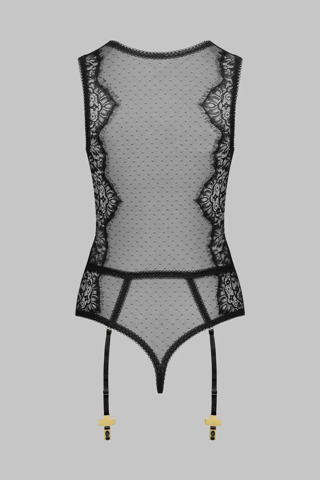 Ellolace Elegant Women's Clothing Extreme Hot Lace Bodysuit Fancy Sheer Tank Deep V Dot Gold Cross Garters Onepiece Dancewear