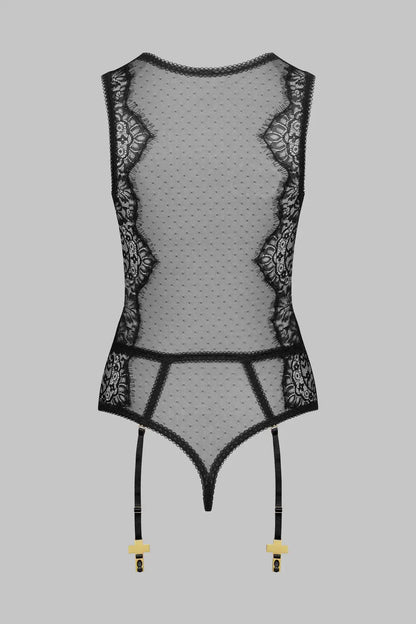 Ellolace Elegant Women's Clothing Extreme Hot Lace Bodysuit Fancy Sheer Tank Deep V Dot Gold Cross Garters Onepiece Dancewear