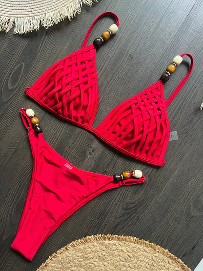 Sexy Brown Bikini Set 2026 Women Pearls Strap Hole Out Push Up Bra Thong Swimsuit Brazilian Beach Bathing Suit Micro Swimwear