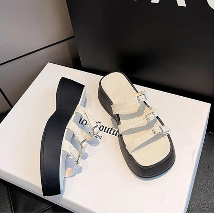 Women Thicken Soled Buckle Strap Sandals Platform High Heel Shoes Ladies Cut-Out Slippers Open Toe Flipflops Silver Beach Slides