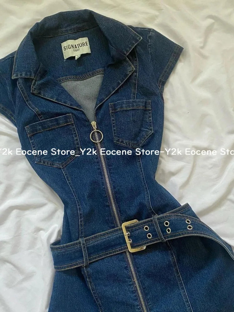 American Retro Black Denim Short Dress Women Summer Zipper Elegant Slim One Piece Dress Korean Fashion Design Casual Clothing