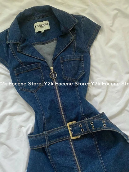 American Retro Black Denim Short Dress Women Summer Zipper Elegant Slim One Piece Dress Korean Fashion Design Casual Clothing