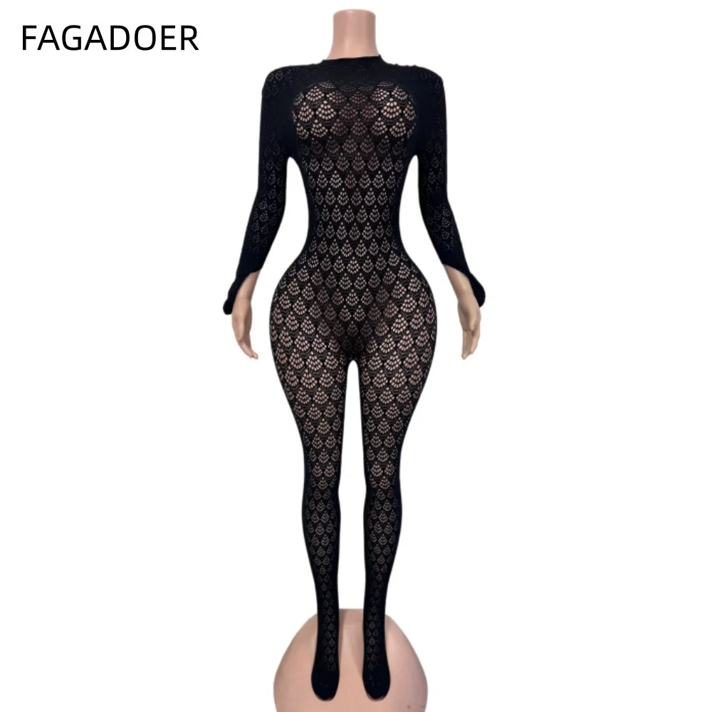 FAGADOER Sexy Hollow Out Patchwork Bodycon Jumpsuits Women Lace See Through Long Sleeve Backless Rompers Female Party Clubwear