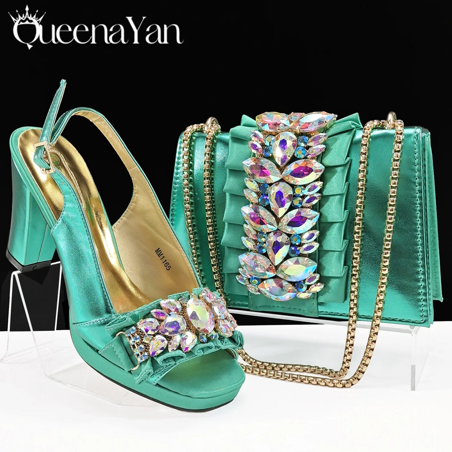 Queena Yan New Arrival Mature Elegant Silver Color Rhinestore Design Party Wedding Lady Shoes and Bag Set for Platform Design
