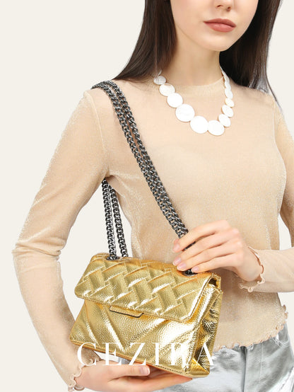 Women Fashion Metallic PU Vegan Leather Handbag Luxury Quilted Flap Messenger Shoulder Bag Long Chain Purse Daily Casual Travel