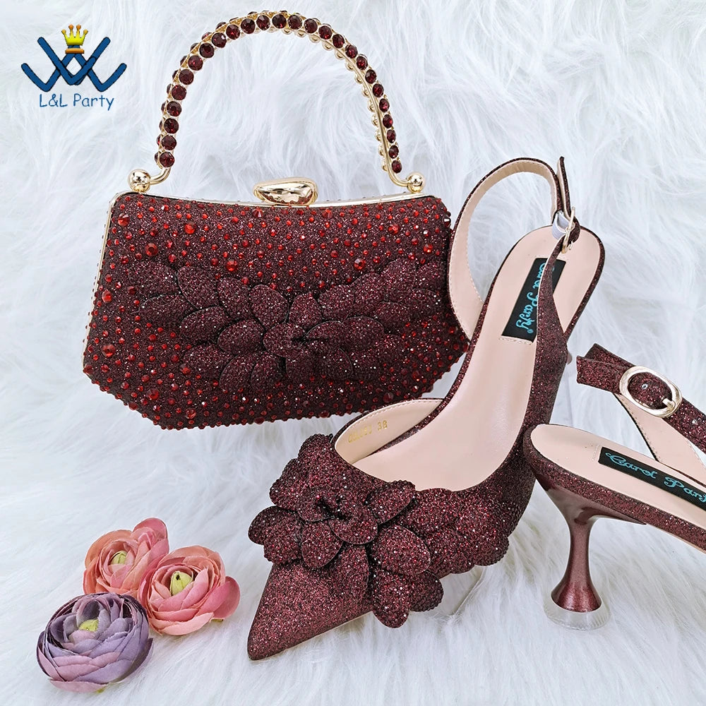 Pointed Toe High Quality in Silver Color Novelty Style Italian Design Shoes Matching Bag Set with Appliques for Wedding