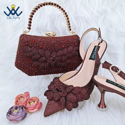 Pointed Toe High Quality in Silver Color Novelty Style Italian Design Shoes Matching Bag Set with Appliques for Wedding