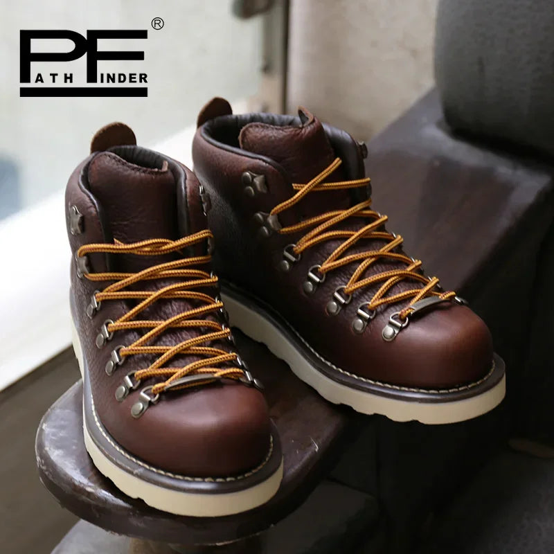pf Fashion Genuine Leather Motorcycle Boots Men's Hiking Work Boots Women Ankle Western Boots Non-slip Round Toe