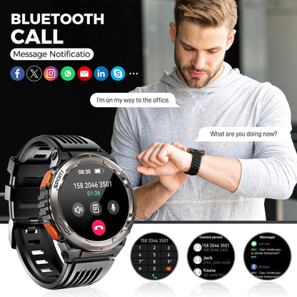 EIGIIS KE5 3ATM Waterproof Smart Watch for Men with LED Flashlight 1.45'' HD Rugged Smartwatch with 530mAh Big Battery