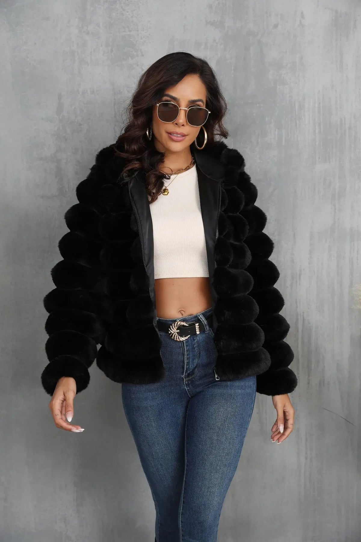 2026 Winter Hooded Plus Size Faux Fur Cropped Coat Women Furry Long Sleeve Plush Jacket Lady Large Fake Fur Warm Fluffy Cardigan